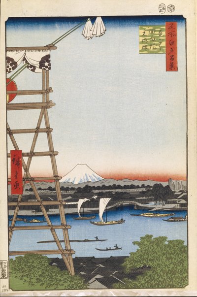 Ekoin-tempelet i Ryogoku og Moto-Yanagi-broen hundre kjente utsikter over Edo, 1856-1858 av Utagawa Hiroshige
