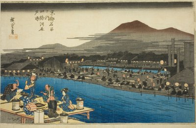 Nyter kveldskjølingen på elvebunnen ved Shijo (Shijogawara yusuzumi), fra serien "Famous Places in Kyoto (Kyoto meisho no uchi)" av Utagawa Hiroshige