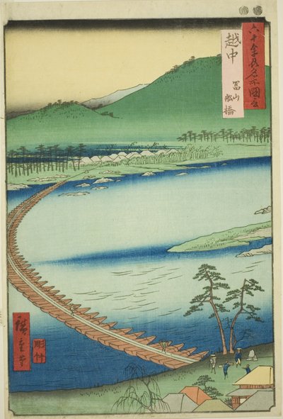Etchu Province: Pontoon Bridge at Toyama (Etchu, Toyama funabashi), fra serien "Famous Places in the Sixty-odd Provinces (Rokujuyoshu meisho zue)" av Utagawa Hiroshige