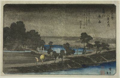 Evening Rain at Azuma Shrine (Azuma no mori yau), fra serien "Eight Views in the Environs of Edo (Edo Kinko hakkei no uchi)" av Utagawa Hiroshige