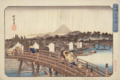 Kveldsdusj på Nihonbashi Bridge, fra berømte steder i den østlige hovedstaden ca. 1832 (treblokk fargetrykk) av Utagawa Hiroshige
