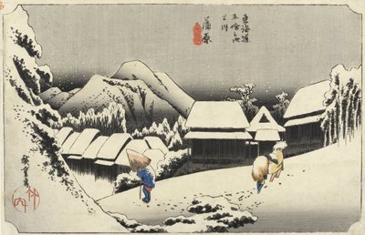 Kveldssnø på Kambara, nr. 16 fra The 53 Stations of the Tokaido, pub. av Hoeido, 1833, (oban-størrelse, yoko-e - horisontalt format, farget treblokktrykk) av Utagawa Hiroshige