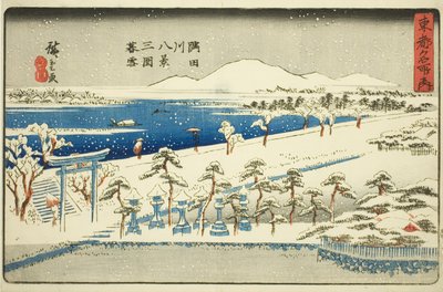 Kveldssnø ved Mimeguri, åtte utsikter over Sumida-elven (Sumidagawa hakkei, Mimeguri bosetsu), fra serien "Famous Places in the Eastern Capital (Toto meisho no uchi)" av Utagawa Hiroshige