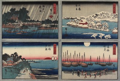 Kveldssnø ved Shinobazu, høstmåne ved Takanawa, soloppgang ved Susaki, nattregn ved Sumida-elven, 1843-1847 av Utagawa Hiroshige