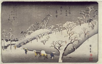 Kveldssnø på Asuka-fjellet, fra Eight Views of Environs of Edo, ca. 1838 (fargetrykk av treblokk) av Utagawa Hiroshige