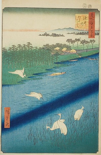 Fergeovergang ved Sakasai (Sakasai no watashi), nr. 67 fra serien quot;One Hundred Famous Views of Edo (Meisho Edo hyakkei)quot; av Utagawa Hiroshige