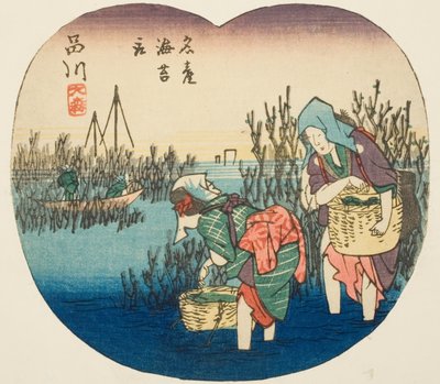 Samler tang ved Omori i Shinagawa (Shinagawa, Omori, meisan nori tori), seksjon av ark nr. 1 fra serien "Utklippsbilder av Tokaido-veien (Tokaido harimaze zue)" av Utagawa Hiroshige