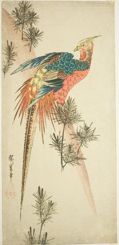 Gullfasan og furuskudd i snø av Utagawa Hiroshige