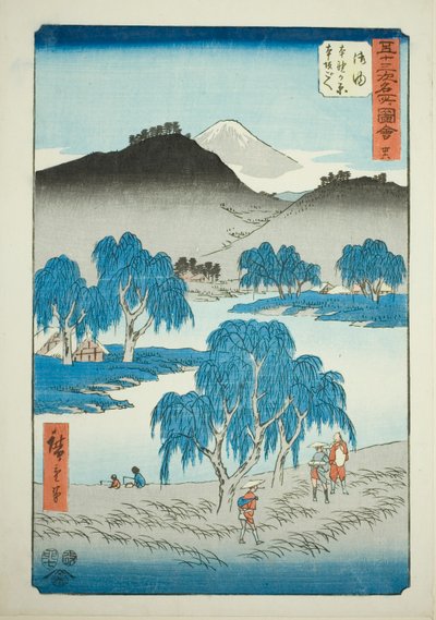 Goyu: Motono Plain og Motosaka Pass (Goyu, Motonogahara Motozaka goe), nr. 36 fra serien "Famous Sights of the Fifty-three Stations (Gojusan tsugi meisho zue)," også kjent som Vertical Tokaido av Utagawa Hiroshige