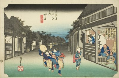 Goyu: Women Stopping Traveler (Goyu, tabibito tomeru onna), fra serien "Fifty-three Stations of the Tokaido (Tokaido gojusan tsugi no uchi)," også kjent som Hoeido Tokaido av Utagawa Hiroshige
