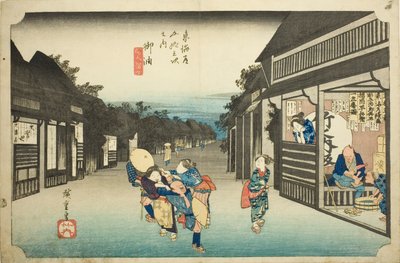 Goyu: Women Stopping Traveler (Goyu tabibito tomeru onna), fra serien «Fifty-tre stations of the Tokaido (Tokaido gojusan tsugi no uchi),» også kjent som Hoeido Tokaido av Utagawa Hiroshige