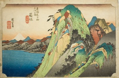 Hakone: View of the Lake (Hakone, kosui no zu), fra serien "Fifty-three Stations of the Tokaido Road (Tokaido gojusan tsugi no uchi)," også kjent som Hoeido Tokaido av Utagawa Hiroshige