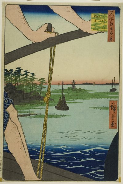 Haneda Ferry and Benten Shrine (Haneda no watashi Benten no yashiro), fra serien quot;One Hundred Famous Views of Edo (Meisho Edo hyakkei)quot; av Utagawa Hiroshige