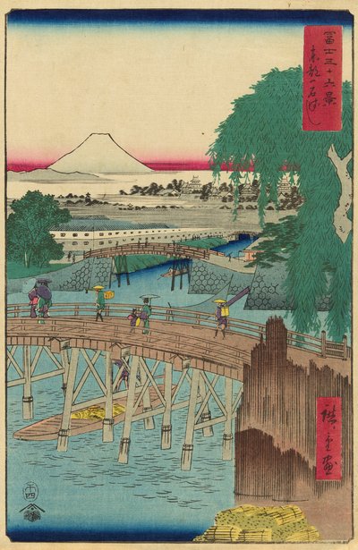 Ichikoku Bridge i den østlige hovedstaden (Toto Ichikokubashi), fra serien "Thirty-six Views of Mount Fuji (Fuji sanjurokkei)" av Utagawa Hiroshige
