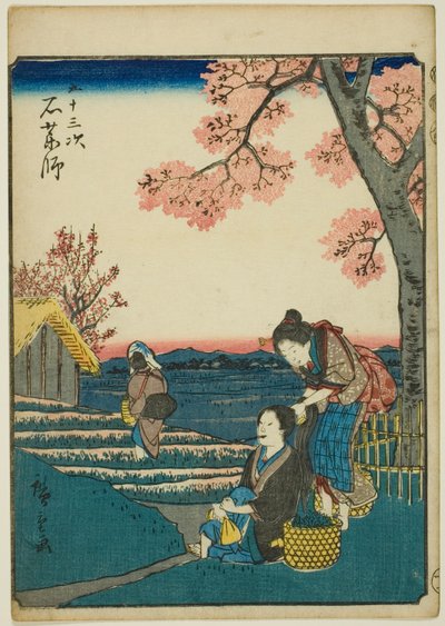Ishiyakushi, fra serien "Fifty-three Stations [of the Tokaido] (Gojusan tsugi)," også kjent som Figure Tokaido (Jinbutsu Tokaido) av Utagawa Hiroshige