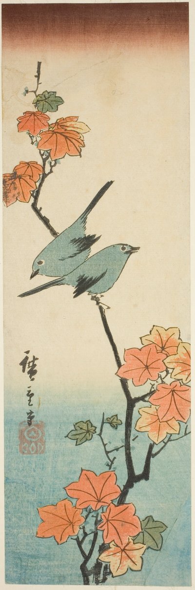 Japanske hvite øyne på en lønnegren av Utagawa Hiroshige