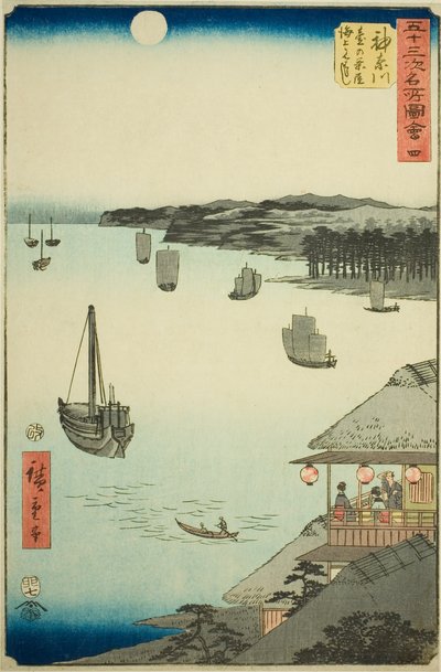 Kanagawa: Utsikt over havet fra tehusene på bakken (Kanagawa, dai no chaya kaijo miharashi), nr. 4 fra serien "Famous Sights of the Fifty-three Stations (Gojusan tsugi meisho zue)," også kjent som den vertikale Tokaido av Utagawa Hiroshige