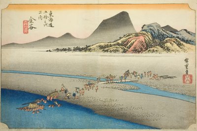 Kanaya: The Far Bank of the Oi River (Kanaya, Oigawa engan), fra serien "Fifty-three Stations of the Tokaido Road (Tokaido gojusan tsugi no uchi)," også kjent som Hoeido Tokaido av Utagawa Hiroshige
