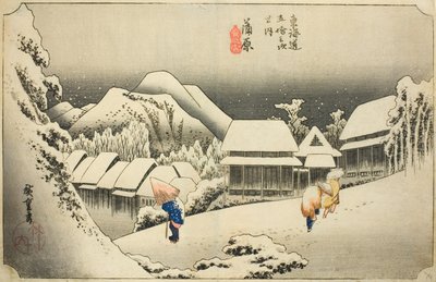 Kanbara: Evening Snow (Kanbara, yoru no yuki), fra serien "Fifty-three Stations of the Tokaido (Tokaido gojusan tsugi no uchi)," også kjent som Hoeido Tokaido av Utagawa Hiroshige