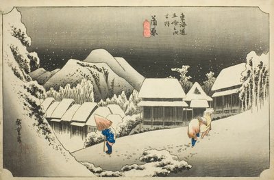 Kanbara: Evening Snow (Kanbara, yoru no yuki), fra serien "Fifty-three Stations of the Tokaido (Tokaido gojusan tsugi no uchi)," også kjent som Hoeido Tokaido av Utagawa Hiroshige