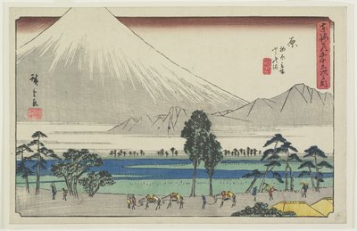 Kashiwahara rasteområde ved dammen med utsikt over Fuji-fjellet, Hara, 1841-1842 av Utagawa Hiroshige
