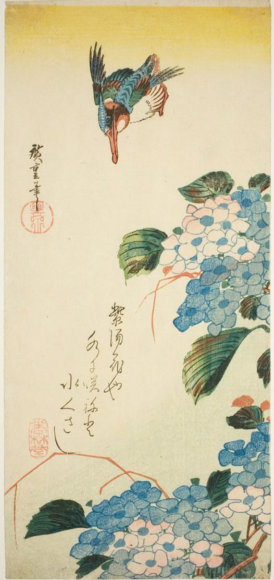 Kingfisher og hortensia av Utagawa Hiroshige