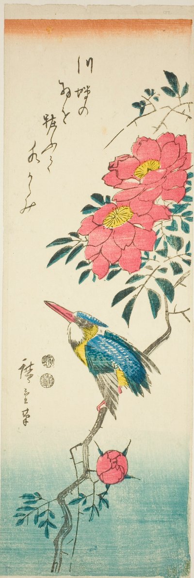 Kingfisher og roser av Utagawa Hiroshige