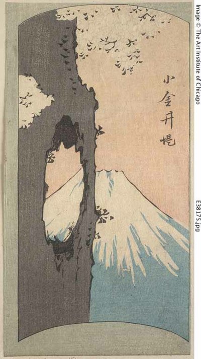 Koganei, del av et ark fra serien "Cutout Pictures of Famous Places in Edo (Edo meisho harimaze zue)" av Utagawa Hiroshige