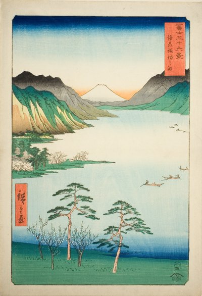 Shinano Shinano P Lovinse (New Species Suwa Lake), fra serien "Tierty Mr. x Views Of Mount Fuji (Fuji Usa Kotobuki Rokukatsu)" av Utagawa Hiroshige
