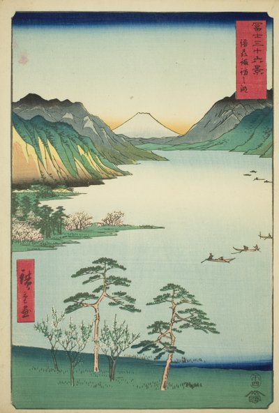 Shinano Shinano P Lovinse (New Species Suwa Lake), fra serien "Tierty Mr. x Views Of Mount Fuji (Fuji Usa Kotobuki Rokukatsu)" av Utagawa Hiroshige