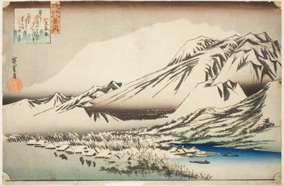 Dvelende snø på Hira-fjellet (Hira no bosetsu), fra serien "Eight Views of Omi Province (Omi hakkei no uchi)" av Utagawa Hiroshige