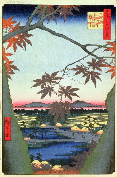 Maple Trees at Mam, Tekona Shrine and Linked Bridge, plate 94 fra serien One Hundred Views of Edo, Edo Period, Ansei Era, 1857 (treblokktrykk) av Utagawa Hiroshige