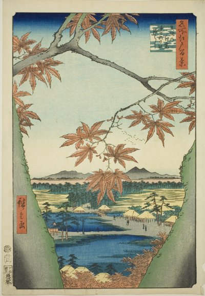 Maple Trees at Mama, Tekona Shrine and Tsugi Bridge (Mama no momiji, Tekona no yashiro, Tsugihashi), fra serien "One Hundred Famous Views of Edo (Meisho Edo hyakkei)" av Utagawa Hiroshige