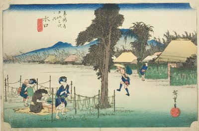 Minakuchi: Dried Gourd Shavings, A Local Speciality (Minakuchi, meibutsu kanpyo), fra serien "Fifty-three Stations of the Tokaido (Tokaido gojusan tsugi no uchi)," også kjent som Hoeido Tokaido av Utagawa Hiroshige