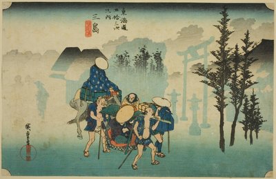 Mishima: Morning Mist (Mishima, asagiri), fra serien "Fifty-three Stations of the Tokaido Road (Tokaido gojusan tsugi no uchi)," også kjent som Hoeido Tokaido av Utagawa Hiroshige