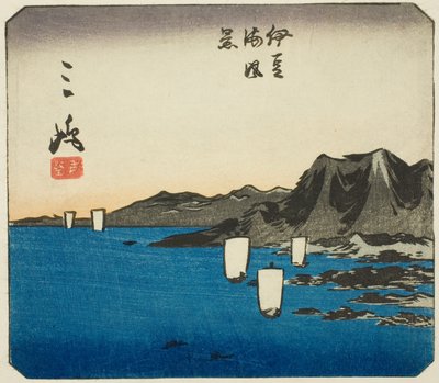 Mishima, seksjon av ark nr. 3 fra serien "Cutout Pictures of the Tokaido (Tokaido harimaze zue)" av Utagawa Hiroshige