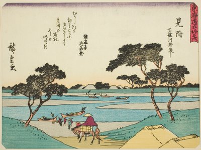 Mitsuke: Ferries Crossing the Tenryu River (Mitsuke, Tenryugawa funawatashi), fra serien "Fifty-three Stations of the Tokaido (Tokaido gojusan tsugi)," også kjent som Tokaido med dikt (Kyoka iri Tokaido) av Utagawa Hiroshige