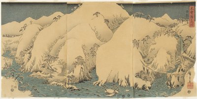 Fjell og elv ved Kiso Pass, august 1857 av Utagawa Hiroshige