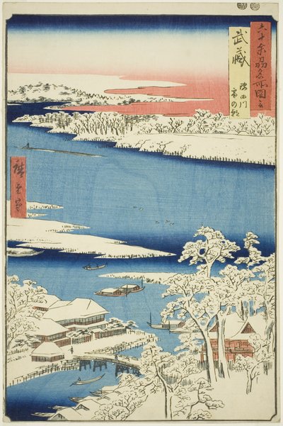 Musashi Province: Morning after Snow on the Sumida River (Musashi, Sumidagawa yuki no Ashita), fra serien "Famous Places in the Sixty-odd Provinces (Rokujuyoshu meisho zue)" av Utagawa Hiroshige