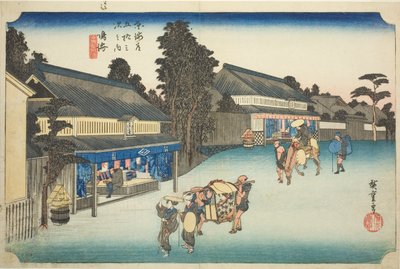 Narumi: Famous Tie-dyed Fabrics of Arimatsu (Narumi, meibutsu Arimatsu shibori), fra serien "Fifty-three Stations of the Tokaido (Tokaido gojusan tsugi no uchi)," også kjent som Hoeido Tokaido av Utagawa Hiroshige