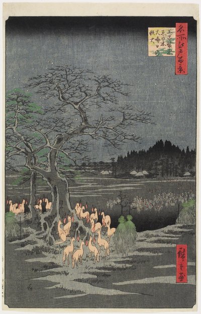 Nyttårsaften Foxfires ved Nettle Tree, O_ji, september 1857 av Utagawa Hiroshige