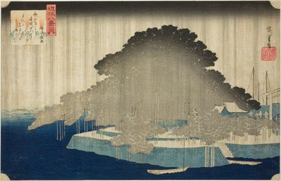 Night Rain at Karasaki (Karasaki no yau), fra serien "Eight Views of Omi (Omi hakkei no uchi)" av Utagawa Hiroshige