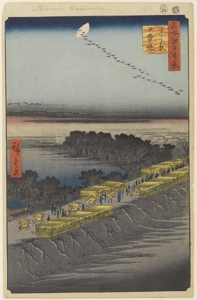 Nihon Embankment, Yoshiwara, nr. 100 fra One Hundred Famous Views of Edo, 1857 (treblokktrykk) av Utagawa Hiroshige