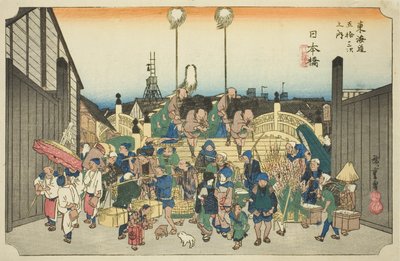Nihonbashi: Procession Departing (Nihonbashi, gyoretsu furidashi), fra serien "Fifty-three Stations of the Tokaido Road (Tokaido gojusan tsugi no uchi)," også kjent som Hoeido Tokaido av Utagawa Hiroshige