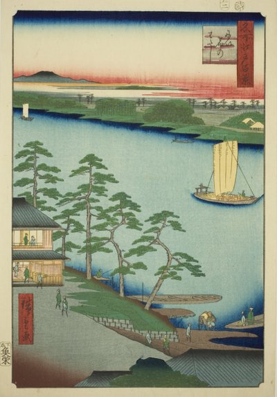 Shinjuku Ferry (Shinjuku me), fra serien "Ridge dre d fa s views of Edo (One Hundred Famous Views of Edo)" av Utagawa Hiroshige