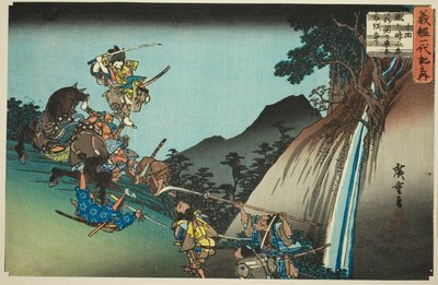 Nr. 10: Ushiwaka beseirer Sekigahara Yoichi ved Keage Mountain Pass (Jukkai, Keage toge ni Ushiwaka Sekigahara Yoichi uchikiru), fra serien "The Life of Yoshitsune (Yoshitsune ichidaiki no uchi)" av Utagawa Hiroshige