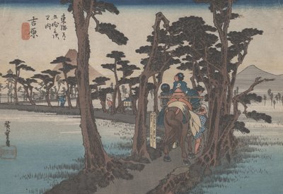 Nr. 16 'Yoshiwara: Fuji på venstresiden' fra 53 stasjoner i Tokaido, ca. 1833 av Utagawa Hiroshige