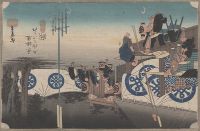 Nr. 48 'Seki: Tidlig avgang fra Honjin' fra 53 stasjoner i Tokaido, ca. 1834 av Utagawa Hiroshige
