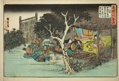Nr. 6: Ise no Saburo sverger lojalitet til Ushiwakamaru (Rokukai, Ise no Saburo ga kakurega ni yadorite Ushiwakamaru shuju o yakusu), fra serien "The Life of Yoshitsune (Yoshitsune Ichidaiki no uchi)" av Utagawa Hiroshige