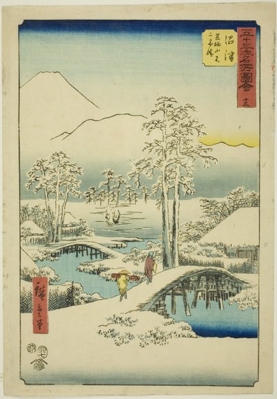 Numazu: Mount Fuji og Mount Ashigara i klart vær etter snø, nr. 13 (Numazu, Ashigarayama Fuji no yukibare), fra serien "Famous Sights of the Fifty-three Stations (Gojusan tsugi meisho zue)," også kjent som den vertikale Tokaido av Utagawa Hiroshige